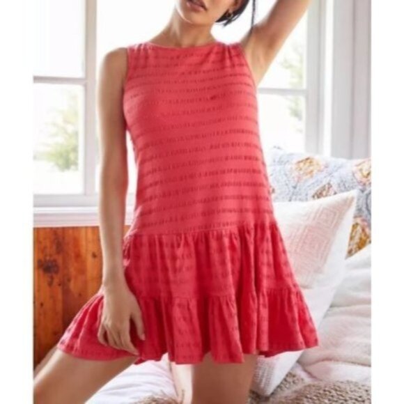 Anthropologie Flounced Open-Back Mini Dress Teaberry Coral L Large NWT Texturize - Picture 1 of 14